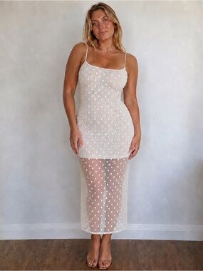 SHEIN Ivory Sheer Polka Dot Slip Midi Dress